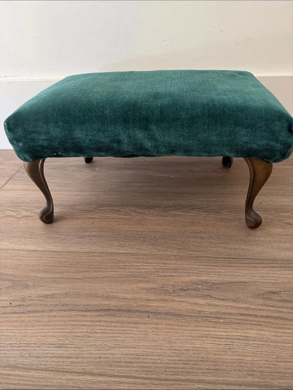Antique vintage Green Upholstered Accent Footstool Ottoman with iron brass legs